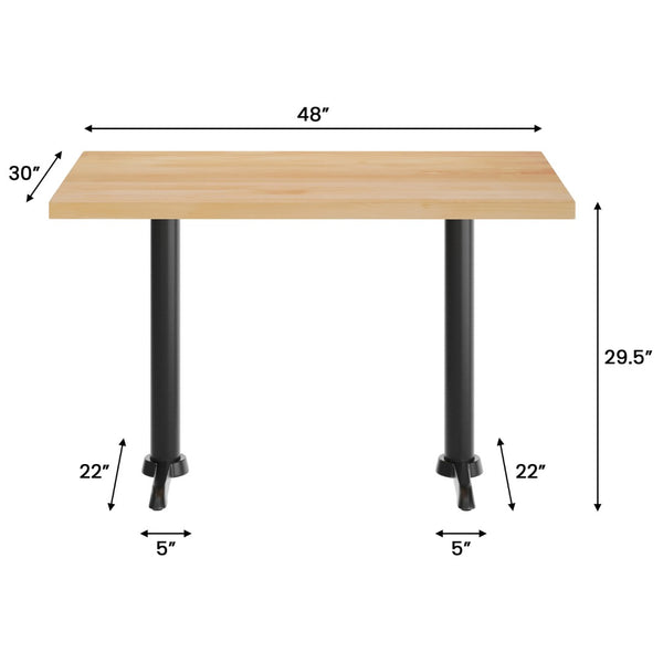 English Elm Bennett Solid Wood Commercial Dining Tabletop with Durable Cast Iron T-Bases for Hospitality Spaces Natural Top/Black Base 48"L x 30"W GSF-REC3048-NAT-T0522-GG