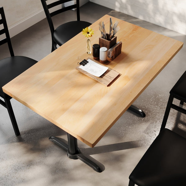 English Elm Bennett Solid Wood Commercial Dining Tabletop with Durable Cast Iron T-Bases for Hospitality Spaces Natural Top/Black Base 48"L x 30"W GSF-REC3048-NAT-T0522-GG