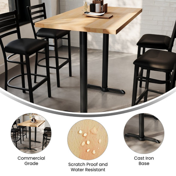 English Elm Bennett Solid Wood Commercial Tabletop with Rust-Resistant Cast Iron T-Bases for Dining Spaces Natural Top/Black Base 48"L x 30"W GSF-REC3048-NAT-T0522B-GG