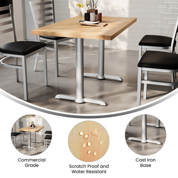 English Elm Bennett Solid Wood Commercial Dining Tabletop with Durable Cast Iron T-Bases for Hospitality Spaces Natural Top/Silver Base 48"L x 30"W GSF-REC3048-NAT-T0522S-GG