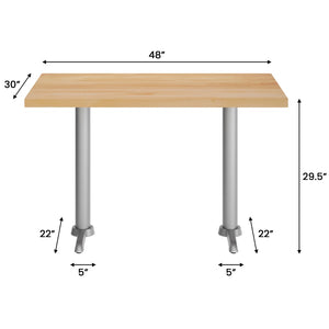 English Elm Bennett Solid Wood Commercial Dining Tabletop with Durable Cast Iron T-Bases for Hospitality Spaces Natural Top/Silver Base 48"L x 30"W GSF-REC3048-NAT-T0522S-GG
