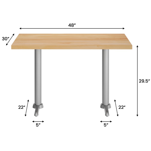 English Elm Bennett Solid Wood Commercial Dining Tabletop with Durable Cast Iron T-Bases for Hospitality Spaces Natural Top/Silver Base 48"L x 30"W GSF-REC3048-NAT-T0522S-GG