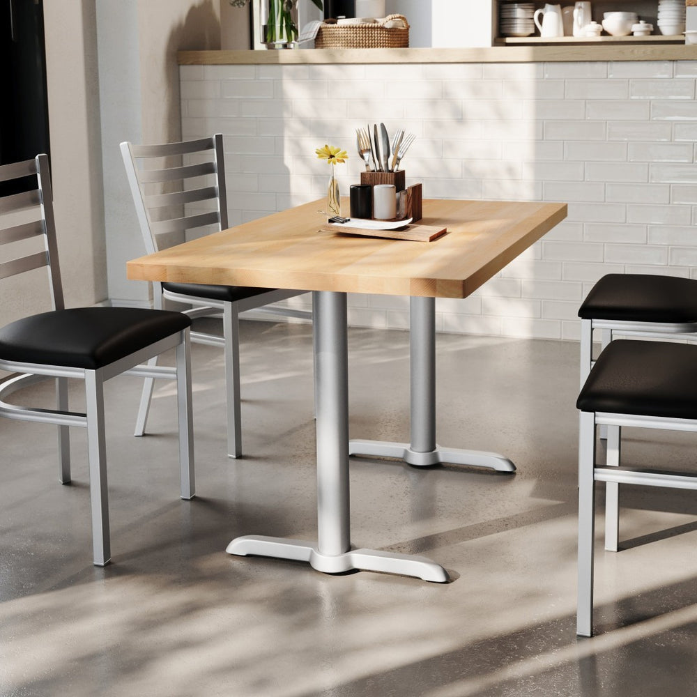 English Elm Bennett Solid Wood Commercial Dining Tabletop with Durable Cast Iron T-Bases for Hospitality Spaces Natural Top/Silver Base 48"L x 30"W GSF-REC3048-NAT-T0522S-GG