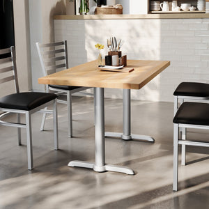 English Elm Bennett Solid Wood Commercial Dining Tabletop with Durable Cast Iron T-Bases for Hospitality Spaces Natural Top/Silver Base 48"L x 30"W GSF-REC3048-NAT-T0522S-GG