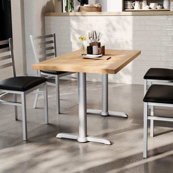 English Elm Bennett Solid Wood Commercial Dining Tabletop with Durable Cast Iron T-Bases for Hospitality Spaces Natural Top/Silver Base 48"L x 30"W GSF-REC3048-NAT-T0522S-GG