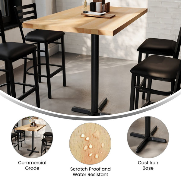 English Elm Bennett Solid Wood Commercial Bar Height Table with Sturdy Cast Iron Base for Dining & Hospitality Spaces Natural Top/Black Base 48"L x 30"W GSF-REC3048-NAT-T2230B-GG