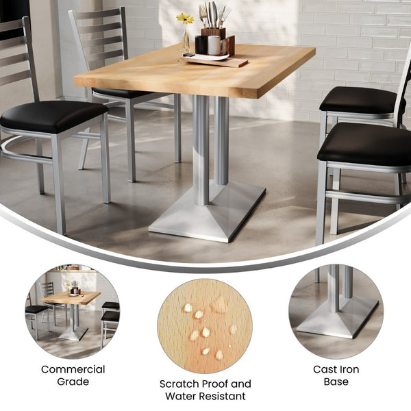 English Elm Bennett Solid Wood Dining Tabletop with Heavy-Duty Double Column Base for Commercial Spaces Natural Top/Silver Base 48"L x 30"W GSF-REC3048-NAT-TB002S-GG