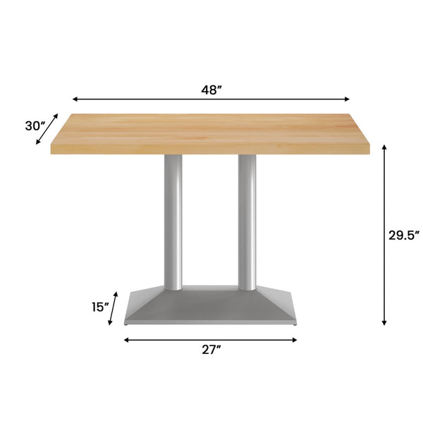 English Elm Bennett Solid Wood Dining Tabletop with Heavy-Duty Double Column Base for Commercial Spaces Natural Top/Silver Base 48"L x 30"W GSF-REC3048-NAT-TB002S-GG