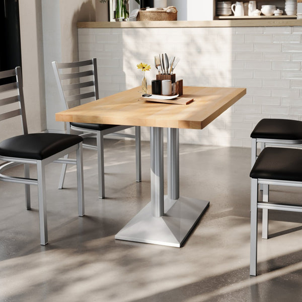 English Elm Bennett Solid Wood Dining Tabletop with Heavy-Duty Double Column Base for Commercial Spaces Natural Top/Silver Base 48"L x 30"W GSF-REC3048-NAT-TB002S-GG