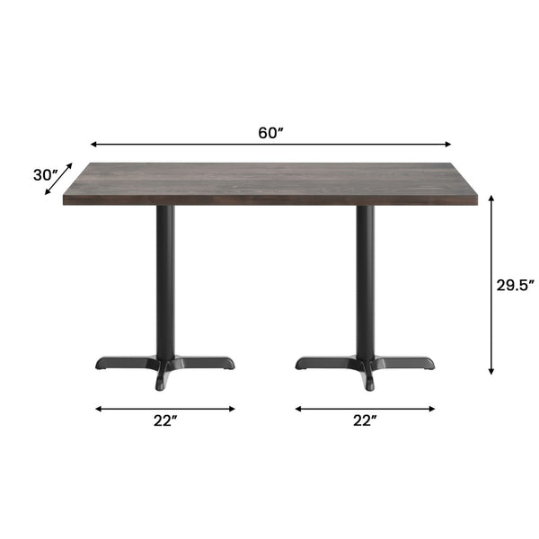English Elm Bennett Solid Wood Commercial Tabletop with Durable Cast Iron X-Base for Restaurants and Cafés Dark Brown Top/Black Base 60"L x 30"W GSF-REC3060-DKBRN-T2222-GG