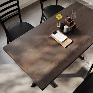 English Elm Bennett Solid Wood Commercial Tabletop with Durable Cast Iron X-Base for Restaurants and Cafés Dark Brown Top/Black Base 60"L x 30"W GSF-REC3060-DKBRN-T2222-GG
