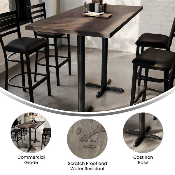English Elm Bennett Solid Wood Bar Height Table with Rust-Resistant Cast Iron Base for Durable Indoor Dining Spaces Dark Brown Top/Black Base 60"L x 30"W GSF-REC3060-DKBRN-T2222B-GG
