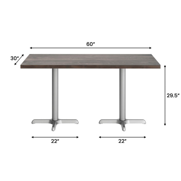 English Elm Bennett Solid Wood Commercial Tabletop with Durable Cast Iron X-Base for Restaurants and Cafés Dark Brown Top/Silver Base 60"L x 30"W GSF-REC3060-DKBRN-T2222S-GG