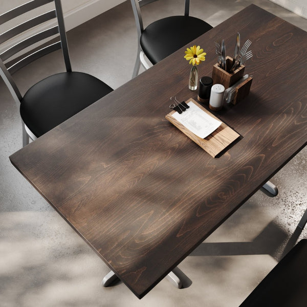 English Elm Bennett Solid Wood Commercial Tabletop with Durable Cast Iron X-Base for Restaurants and Cafés Dark Brown Top/Silver Base 60"L x 30"W GSF-REC3060-DKBRN-T2222S-GG