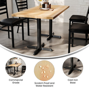 English Elm Bennett Solid Wood Commercial Tabletop with Durable Cast Iron X-Base for Restaurants and Cafés Natural Top/Black Base 60"L x 30"W GSF-REC3060-NAT-T2222-GG