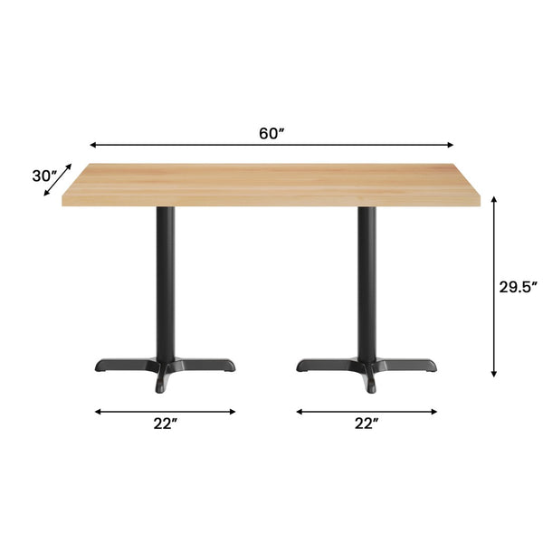 English Elm Bennett Solid Wood Commercial Tabletop with Durable Cast Iron X-Base for Restaurants and Cafés Natural Top/Black Base 60"L x 30"W GSF-REC3060-NAT-T2222-GG