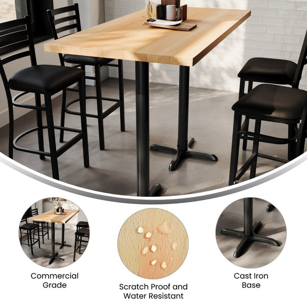English Elm Bennett Solid Wood Bar Height Table with Rust-Resistant Cast Iron Base for Durable Indoor Dining Spaces Natural Top/Black Base 60"L x 30"W GSF-REC3060-NAT-T2222B-GG
