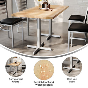 English Elm Bennett Solid Wood Commercial Tabletop with Durable Cast Iron X-Base for Restaurants and Cafés Natural Top/Silver Base 60"L x 30"W GSF-REC3060-NAT-T2222S-GG