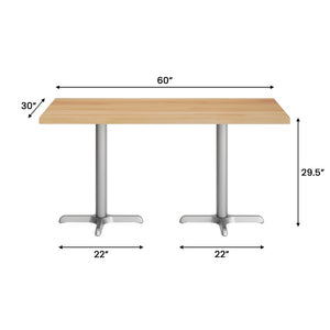 English Elm Bennett Solid Wood Commercial Tabletop with Durable Cast Iron X-Base for Restaurants and Cafés Natural Top/Silver Base 60"L x 30"W GSF-REC3060-NAT-T2222S-GG