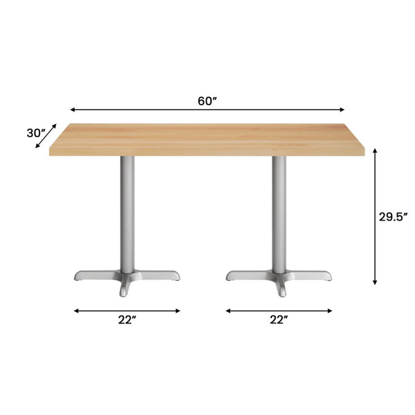 English Elm Bennett Solid Wood Commercial Tabletop with Durable Cast Iron X-Base for Restaurants and Cafés Natural Top/Silver Base 60"L x 30"W GSF-REC3060-NAT-T2222S-GG