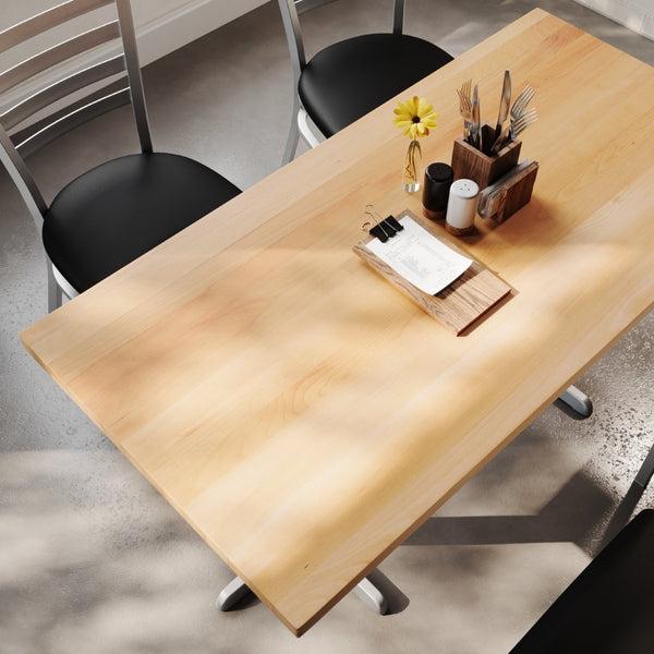 English Elm Bennett Solid Wood Commercial Tabletop with Durable Cast Iron X-Base for Restaurants and Cafés Natural Top/Silver Base 60"L x 30"W GSF-REC3060-NAT-T2222S-GG