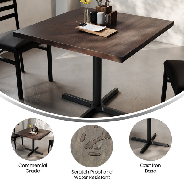 English Elm Bennett Commercial Solid Wood Dining Tabletop with Sturdy Cast Iron X-Base for Restaurants & Cafés Dark Brown Top/Black Base 36" Square GSF-SQ36-DKBRN-T3030-GG