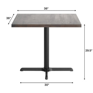 English Elm Bennett Commercial Solid Wood Dining Tabletop with Sturdy Cast Iron X-Base for Restaurants & Cafés Dark Brown Top/Black Base 36" Square GSF-SQ36-DKBRN-T3030-GG