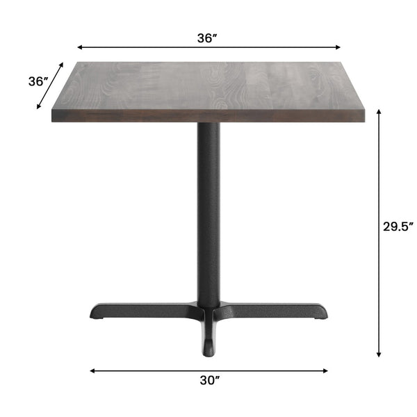 English Elm Bennett Commercial Solid Wood Dining Tabletop with Sturdy Cast Iron X-Base for Restaurants & Cafés Dark Brown Top/Black Base 36" Square GSF-SQ36-DKBRN-T3030-GG