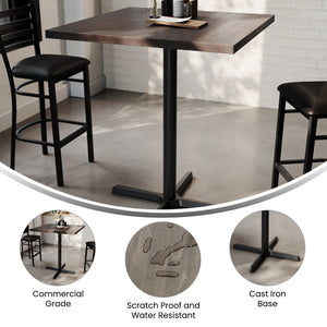 English Elm Bennett Solid Wood Bar Height Table with Rust-Resistant Cast Iron Base for Durable Commercial Use Dark Brown Top/Black Base 36" Square GSF-SQ36-DKBRN-T3030B-GG