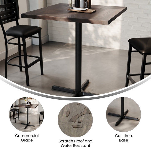 English Elm Bennett Solid Wood Bar Height Table with Rust-Resistant Cast Iron Base for Durable Commercial Use Dark Brown Top/Black Base 36" Square GSF-SQ36-DKBRN-T3030B-GG