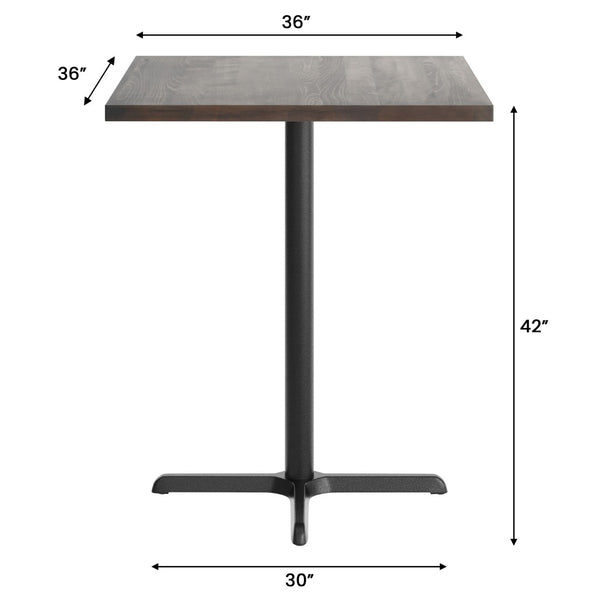 English Elm Bennett Solid Wood Bar Height Table with Rust-Resistant Cast Iron Base for Durable Commercial Use Dark Brown Top/Black Base 36" Square GSF-SQ36-DKBRN-T3030B-GG