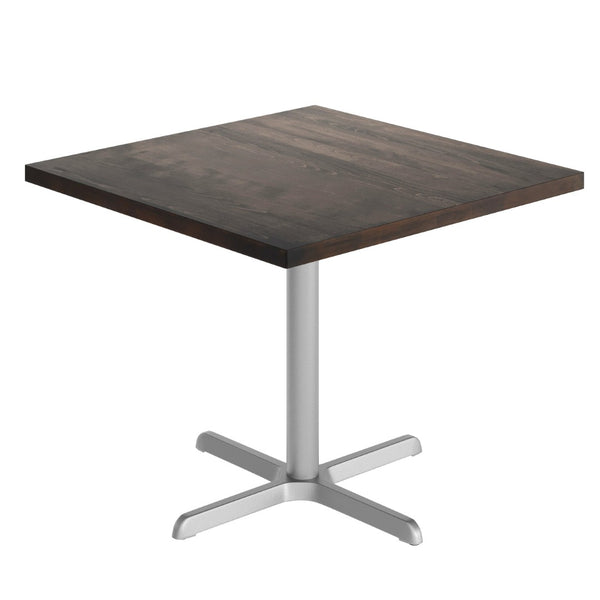 English Elm Bennett Commercial Solid Wood Dining Tabletop with Sturdy Cast Iron X-Base for Restaurants & Cafés Dark Brown Top/Silver Base 36" Square GSF-SQ36-DKBRN-T3030S-GG