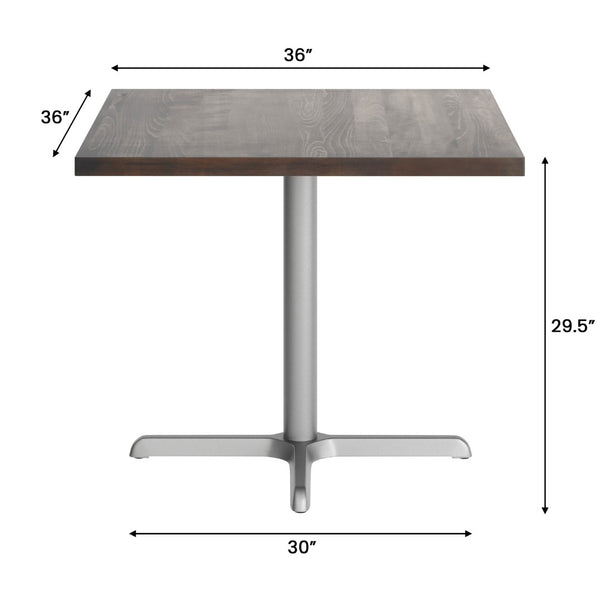 English Elm Bennett Commercial Solid Wood Dining Tabletop with Sturdy Cast Iron X-Base for Restaurants & Cafés Dark Brown Top/Silver Base 36" Square GSF-SQ36-DKBRN-T3030S-GG