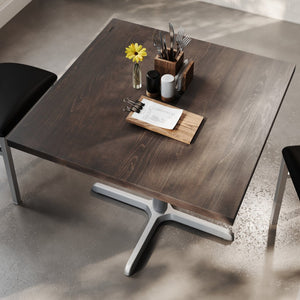 English Elm Bennett Commercial Solid Wood Dining Tabletop with Sturdy Cast Iron X-Base for Restaurants & Cafés Dark Brown Top/Silver Base 36" Square GSF-SQ36-DKBRN-T3030S-GG