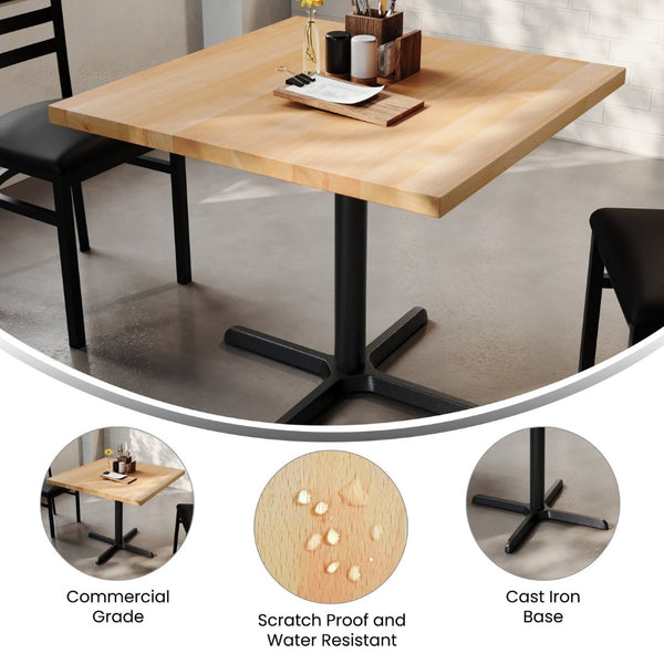 English Elm Bennett Commercial Solid Wood Dining Tabletop with Sturdy Cast Iron X-Base for Restaurants & Cafés Natural Top/Black Base 36" Square GSF-SQ36-NAT-T3030-GG
