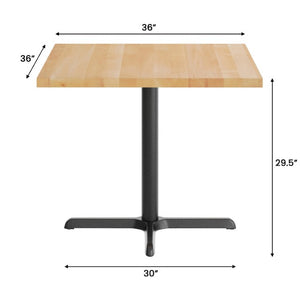 English Elm Bennett Commercial Solid Wood Dining Tabletop with Sturdy Cast Iron X-Base for Restaurants & Cafés Natural Top/Black Base 36" Square GSF-SQ36-NAT-T3030-GG