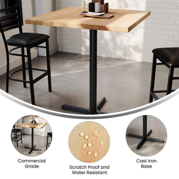 English Elm Bennett Solid Wood Bar Height Table with Rust-Resistant Cast Iron Base for Durable Commercial Use Natural Top/Black Base 36" Square GSF-SQ36-NAT-T3030B-GG