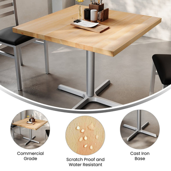 English Elm Bennett Commercial Solid Wood Dining Tabletop with Sturdy Cast Iron X-Base for Restaurants & Cafés Natural Top/Silver Base 36" Square GSF-SQ36-NAT-T3030S-GG
