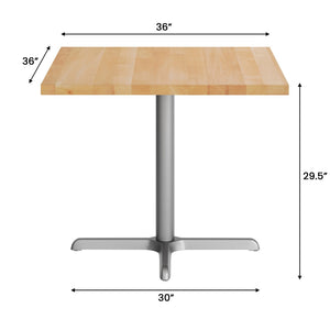 English Elm Bennett Commercial Solid Wood Dining Tabletop with Sturdy Cast Iron X-Base for Restaurants & Cafés Natural Top/Silver Base 36" Square GSF-SQ36-NAT-T3030S-GG