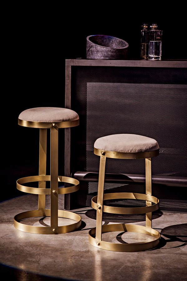 Dior Iron Stool with Linen Seat and Sculptural Layered Ring Base for Kitchen or Home Bar