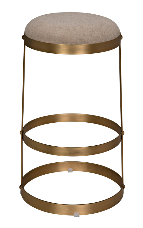 Dior Iron Stool with Linen Seat and Sculptural Layered Ring Base for Kitchen or Home Bar