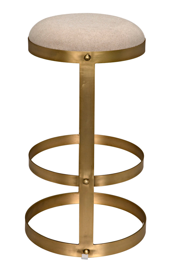 Dior Iron Stool with Linen Seat and Sculptural Layered Ring Base for Kitchen or Home Bar