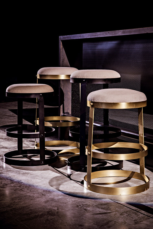 Dior Iron Stool with Linen Seat and Sculptural Layered Ring Base for Kitchen or Home Bar