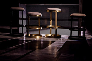 Dior Iron Stool with Linen Seat and Sculptural Layered Ring Base for Kitchen or Home Bar