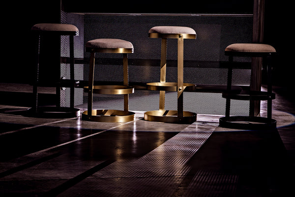 Dior Iron Stool with Linen Seat and Sculptural Layered Ring Base for Kitchen or Home Bar