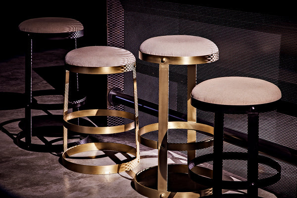 Dior Iron Stool with Linen Seat and Sculptural Layered Ring Base for Kitchen or Home Bar