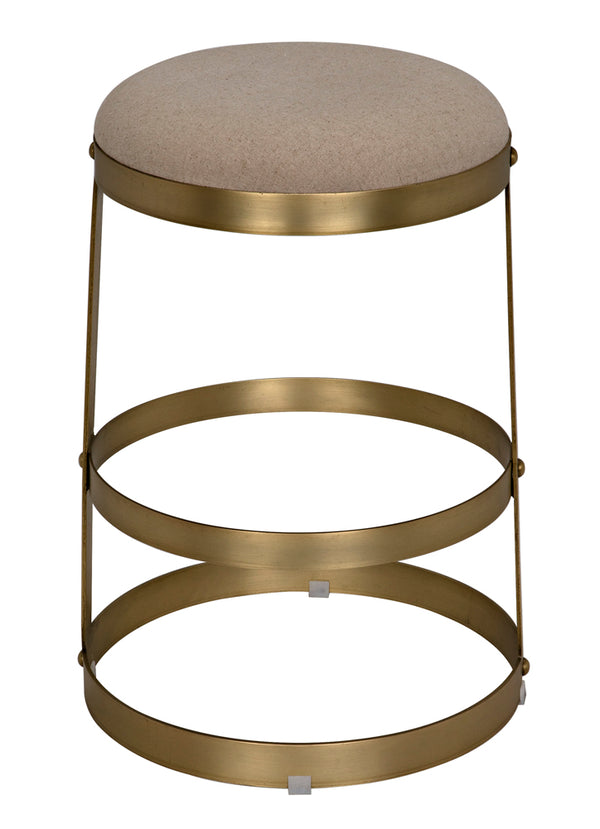 Dior Iron Stool with Linen Seat and Sculptural Layered Ring Base for Kitchen or Home Bar
