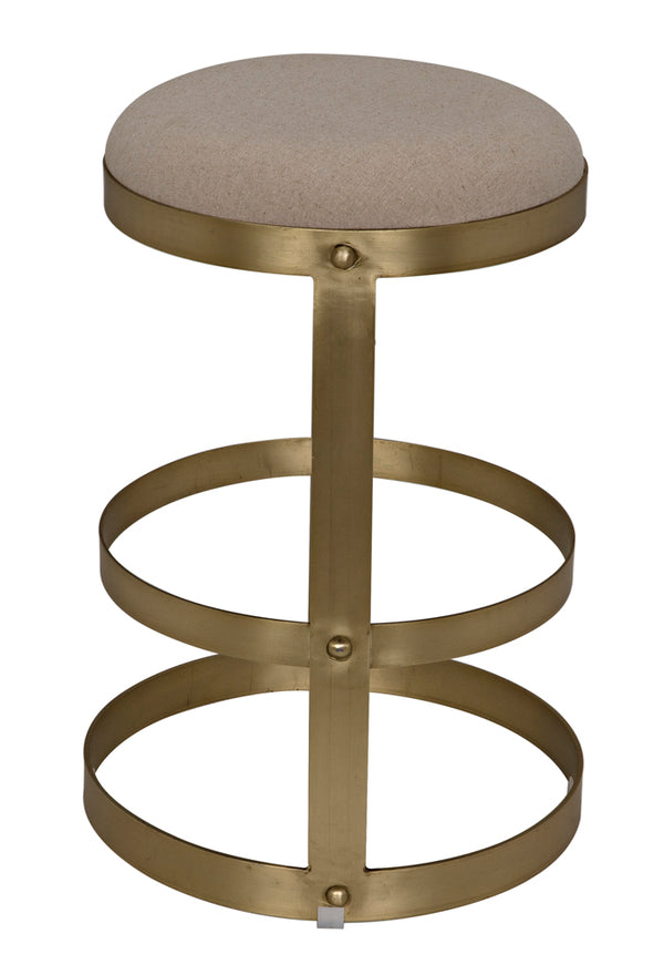 Dior Iron Stool with Linen Seat and Sculptural Layered Ring Base for Kitchen or Home Bar