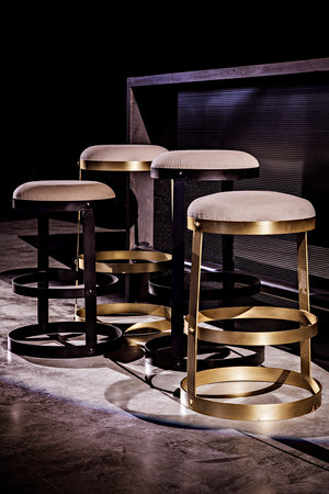 Dior Iron Stool with Linen Seat and Sculptural Layered Ring Base for Kitchen or Home Bar