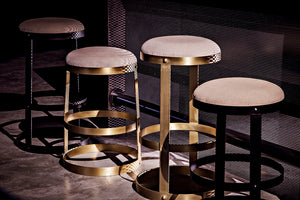 Dior Iron Stool with Linen Seat and Sculptural Layered Ring Base for Kitchen or Home Bar